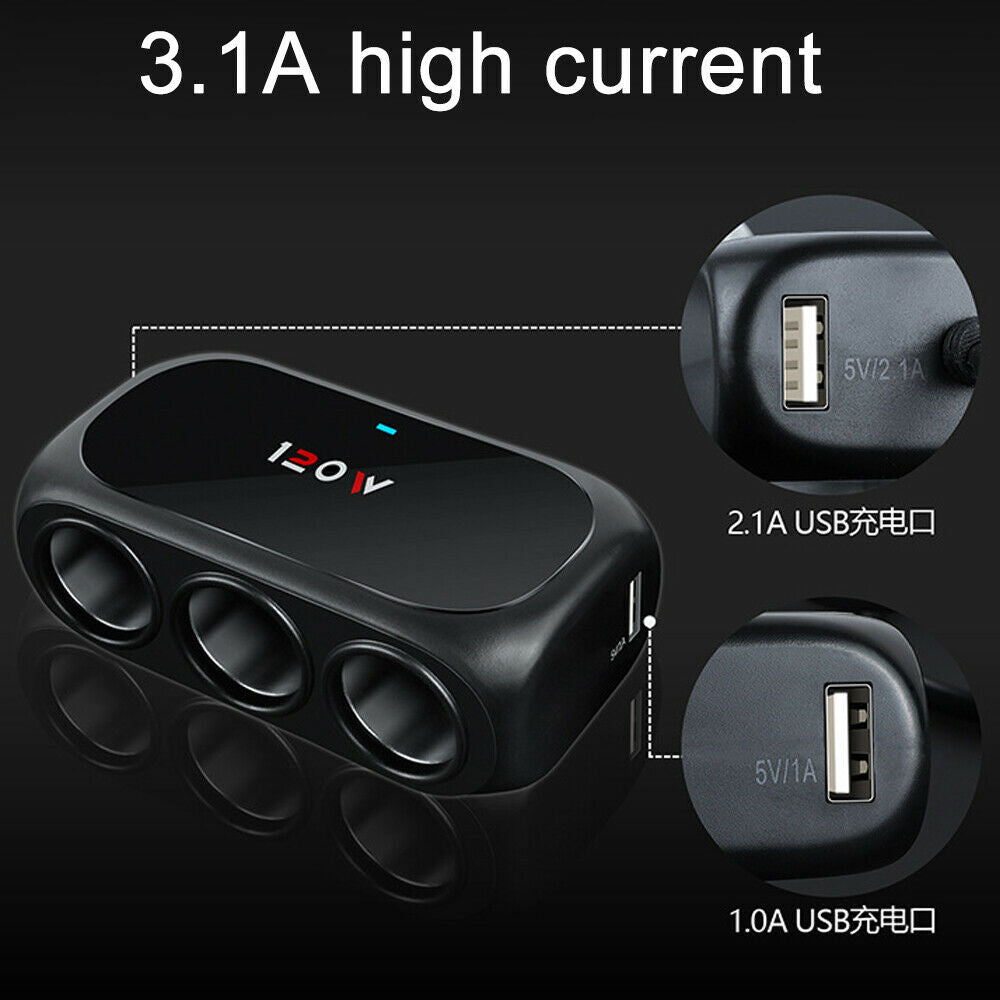 12V 3 Way/Ports Car Cigarette Lighter Socket Splitter USB Charger Power Adapter!