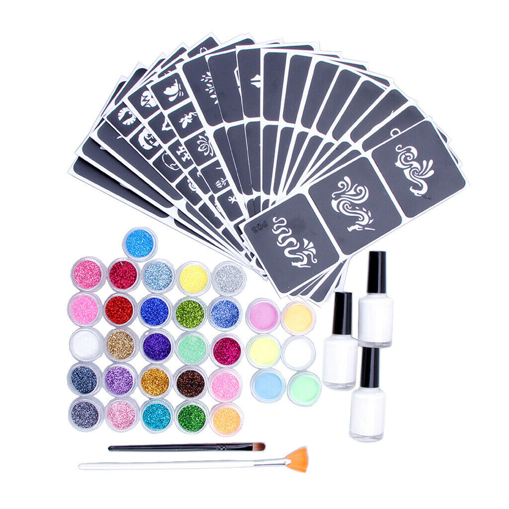 Face Hair Eye Makeup Iridescent Shiny Sparkling  Powder Tattoo Stencils Kit