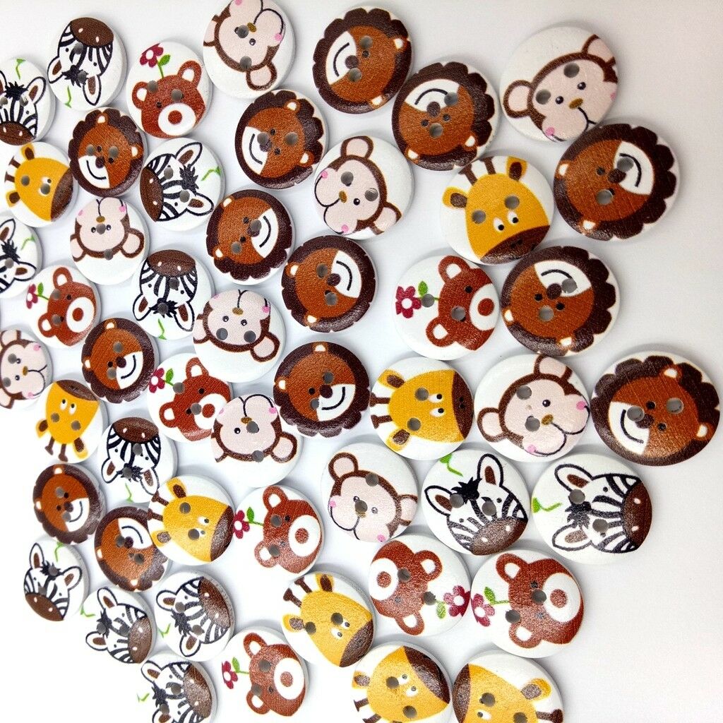 50Pcs Mixed Animal Wooden Buttons Round 2-Holes For Sewing Scrapbooking DIY