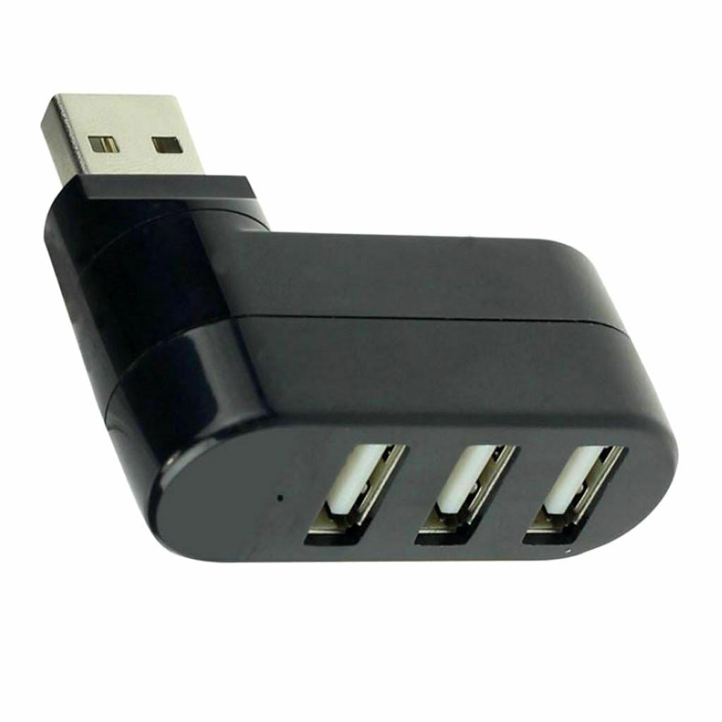 Premium Mini 3-Port USB 2.0 90°/180° Degree Rotatable Hub Adapter, Black