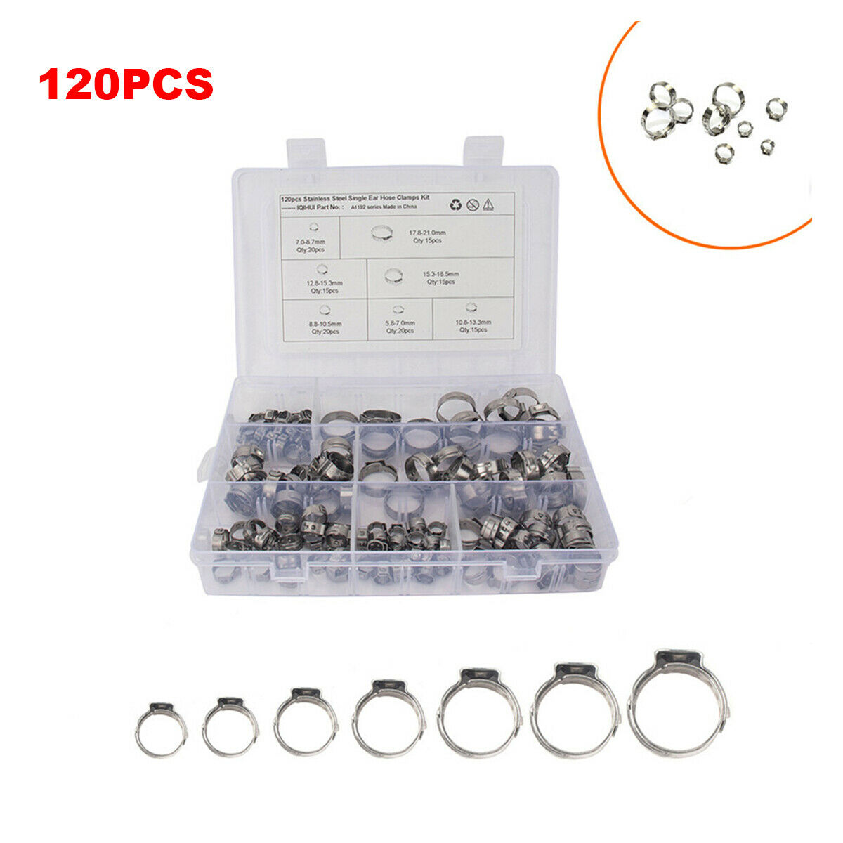 120PC Universal Stainless Steel Single Lug O Type Hydraulic Hose Clamp 5.8-21mm