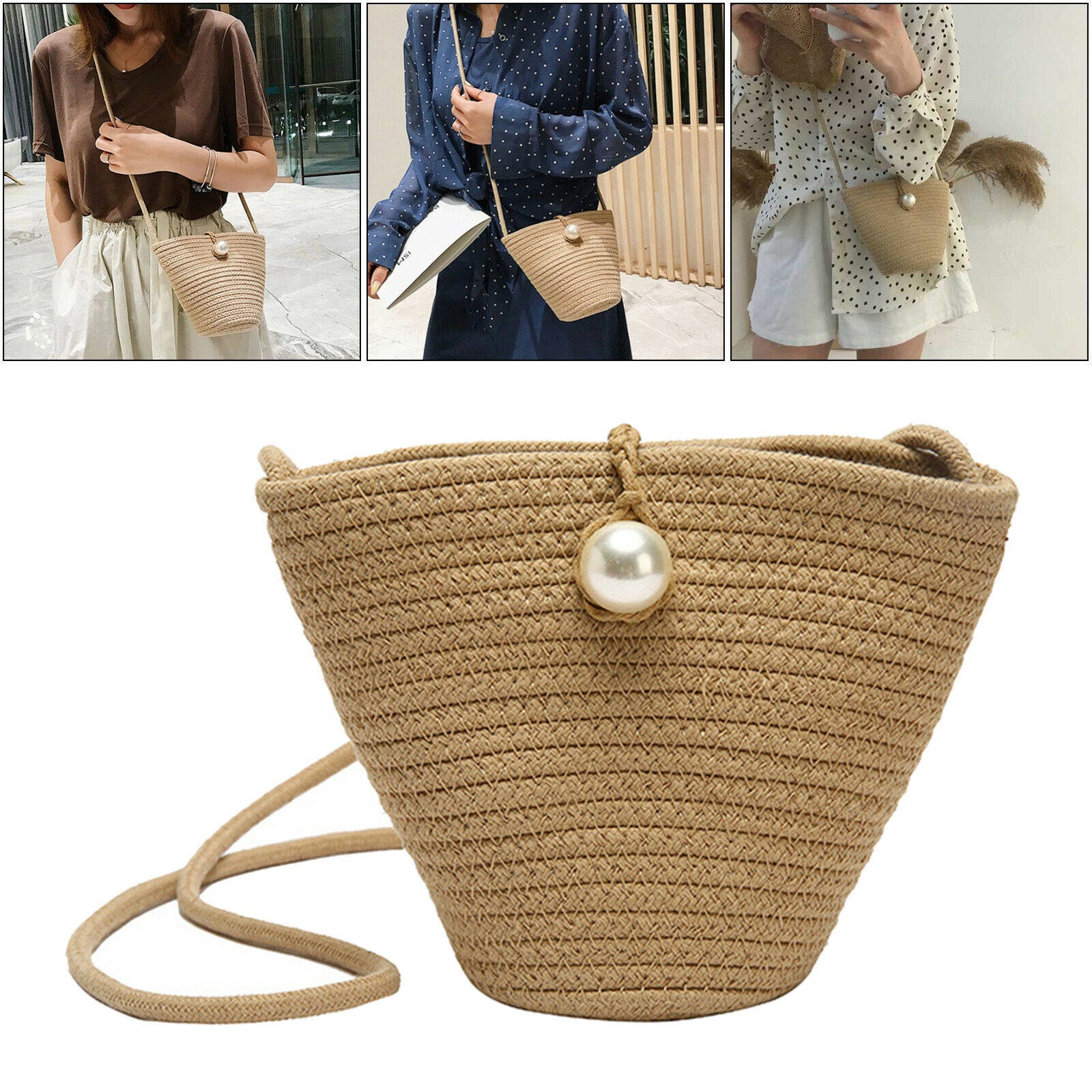 Women Straw Shoulder Bag Beach Rattan Handbag Vocation Handwoven Woven Tote