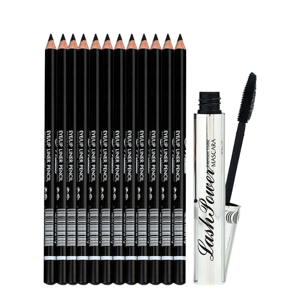 12Pcs Waterproof Eye Shadow Eyeliner Pencil Pen+Volume Curling Black Mascara