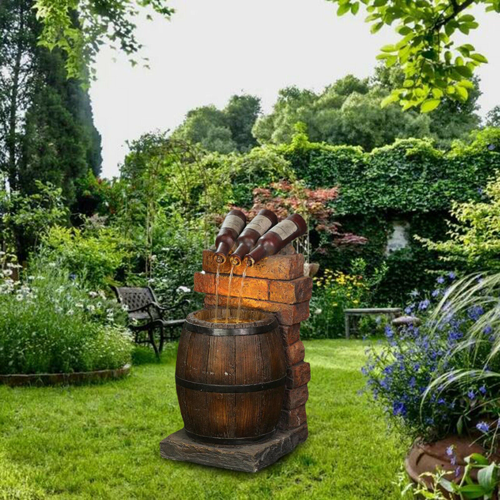Mini Wine Bottle and Barrel Garden Water Fountain Rustic Home Decoration
