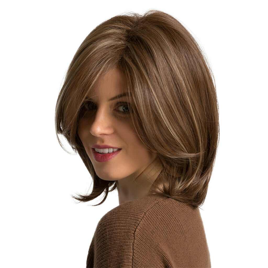 Bob Curly Wig Synthetic Short Brown Wig with Bangs Natural Looking Heat
