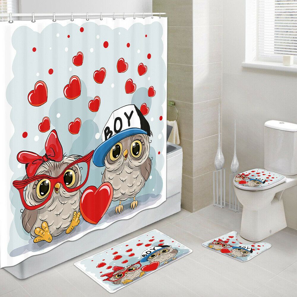 Love Hearts Cartoon Owls Shower Curtain Bathroom Rug Set Toilet Lid Seat Cover