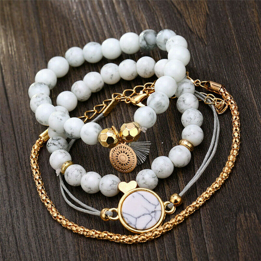 4Pcs/Set Boho Marble Beads Rope Tassel Bracelet Sets Womens Fashion Jewelry
