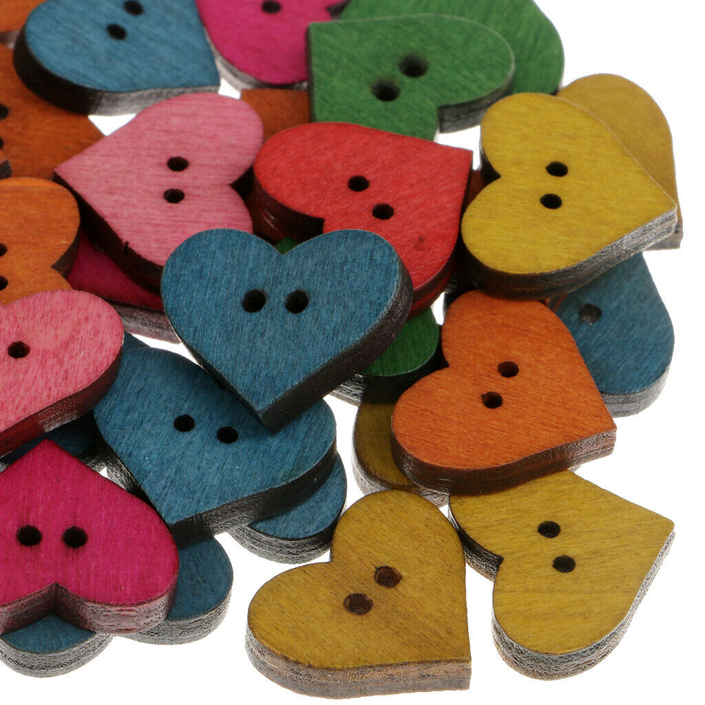 50pcs Assorted Heart Shape Wooden Flatback Buttons for Kids Crafts DIY 19mm