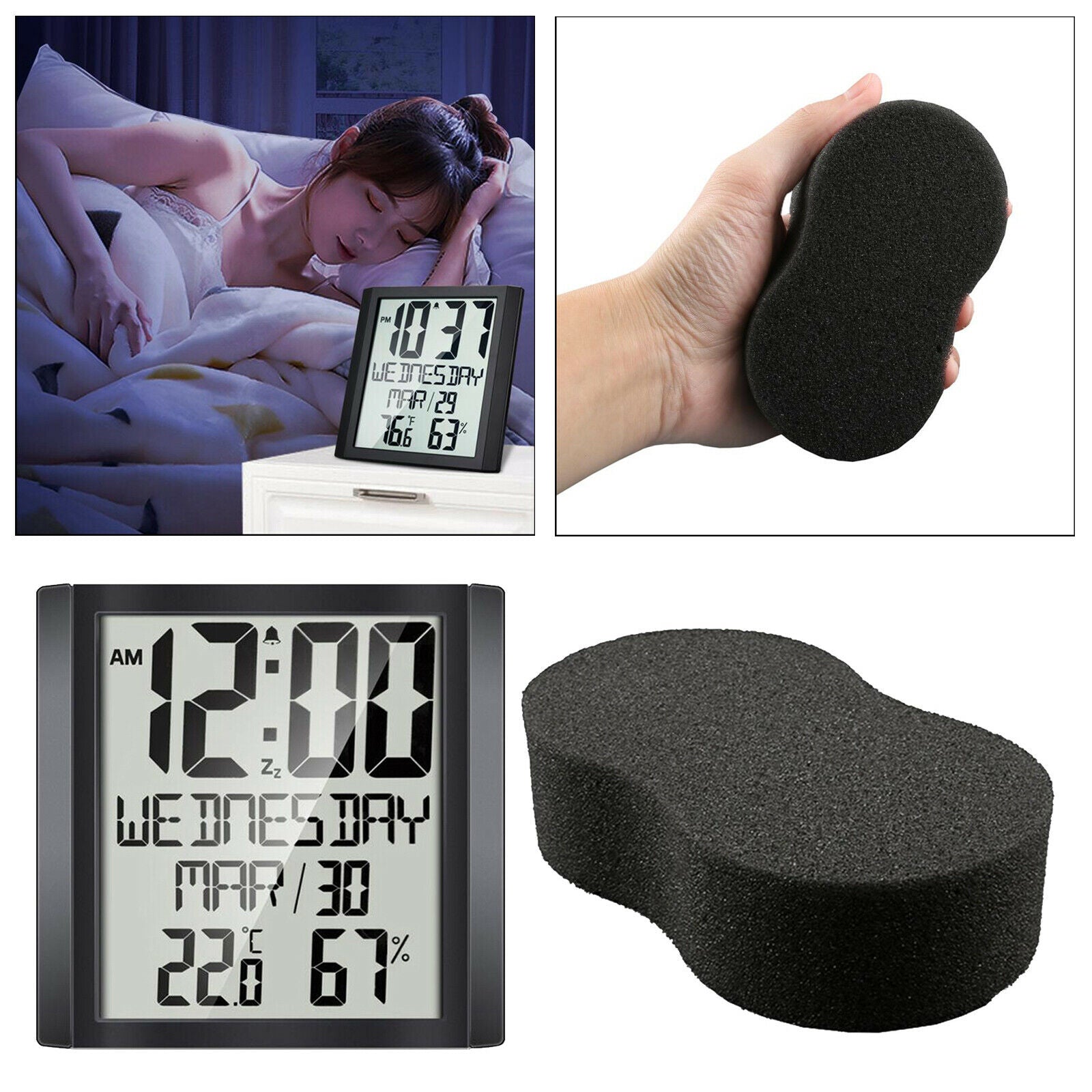 Compact digital day clock. Large display temperature and humidity display