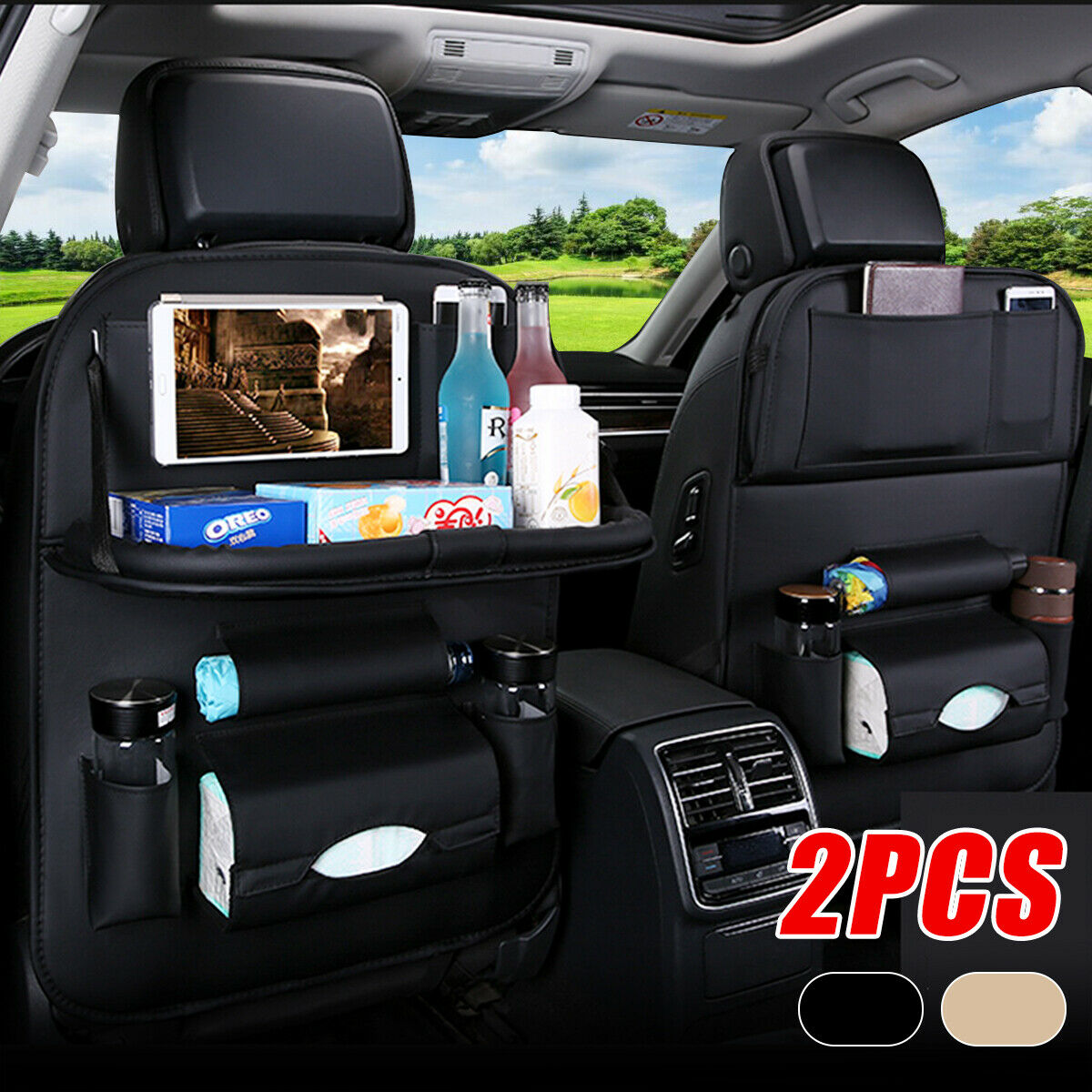 2X Foldable Car Back Seat Organiser Leather Storage Bag Table Tray Cup Hol