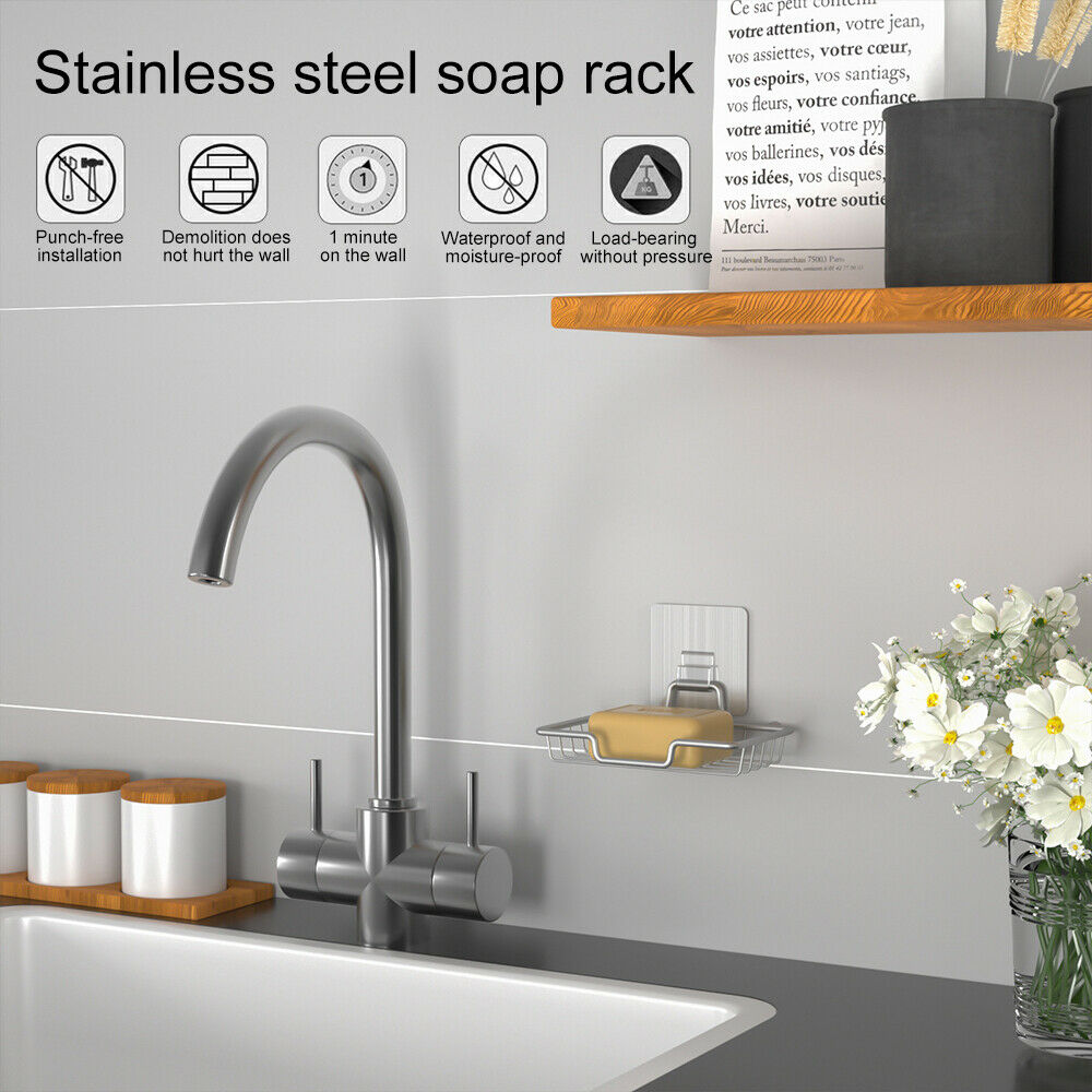 Stainless Steel Soap Dish Holder Basket Wall Mounted Suction Bathroom Tray NEW
