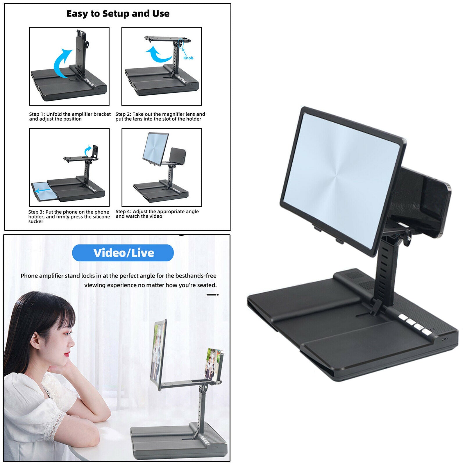 12'' Phone Screen Enlarger Screen Magnifier w/ Bluetooth Speaker for Desktop