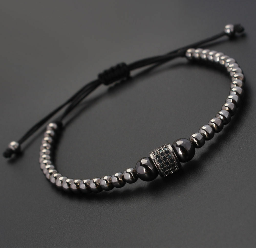 Fashion Man's Rhodium Plated Zircon Roundel Beaded Macrame Bracelet Friendship