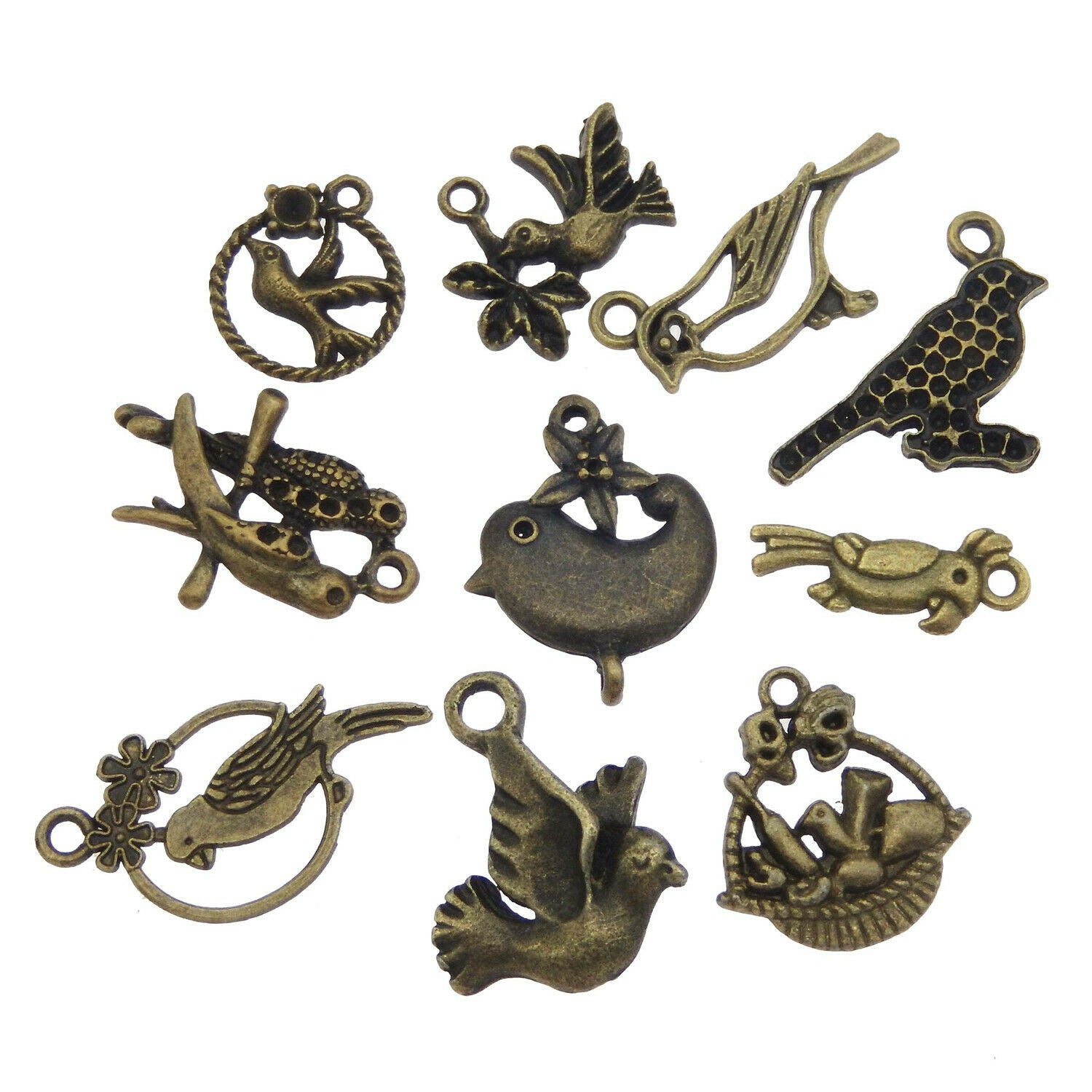 30-pack Antiqued Bronze Alloy Mini Birds Charms Bulk Pendant Earring Findings