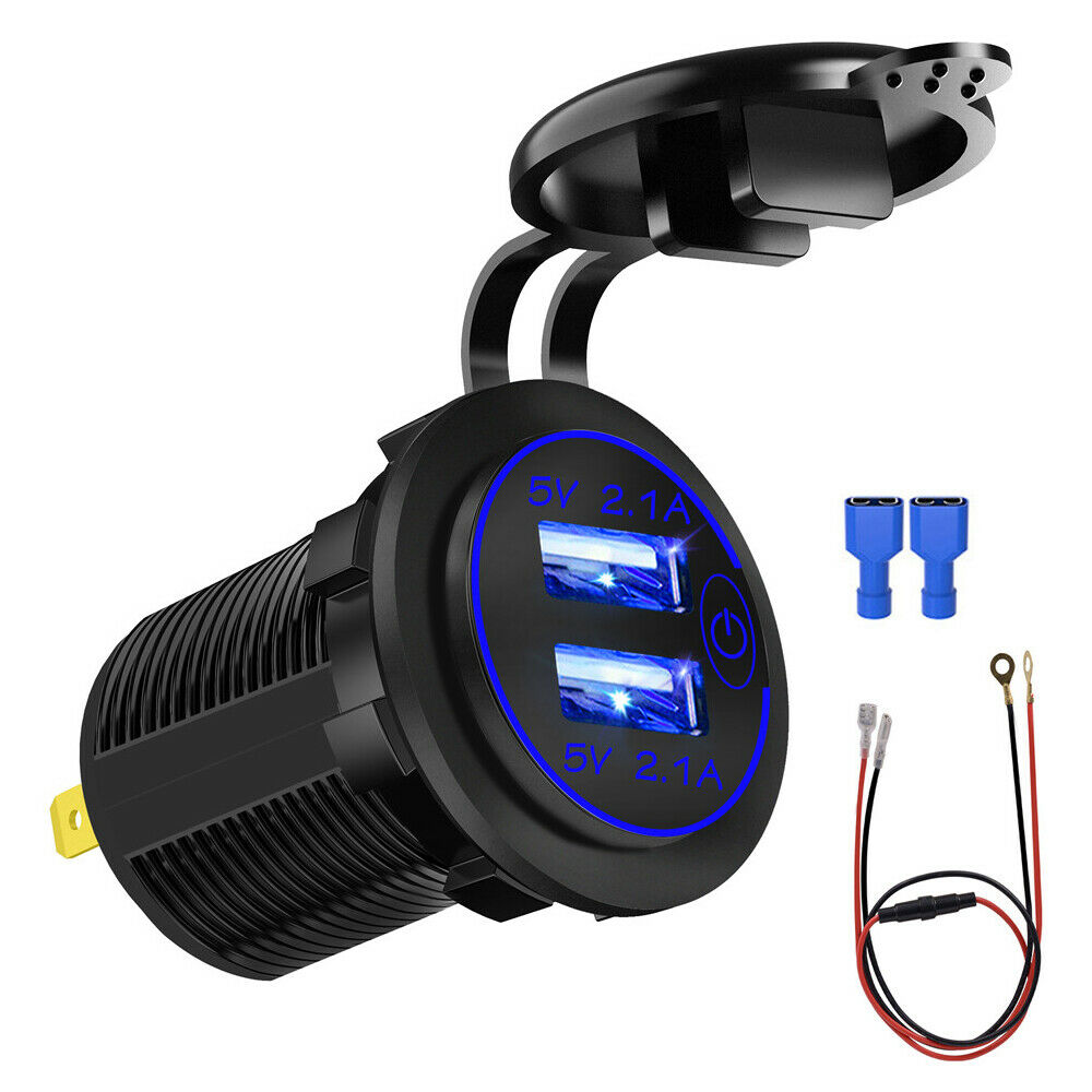 4.2A Car Motorcycle Dual USB Fast Charger w/ Wire & Terminal Touch Switch 12-24V
