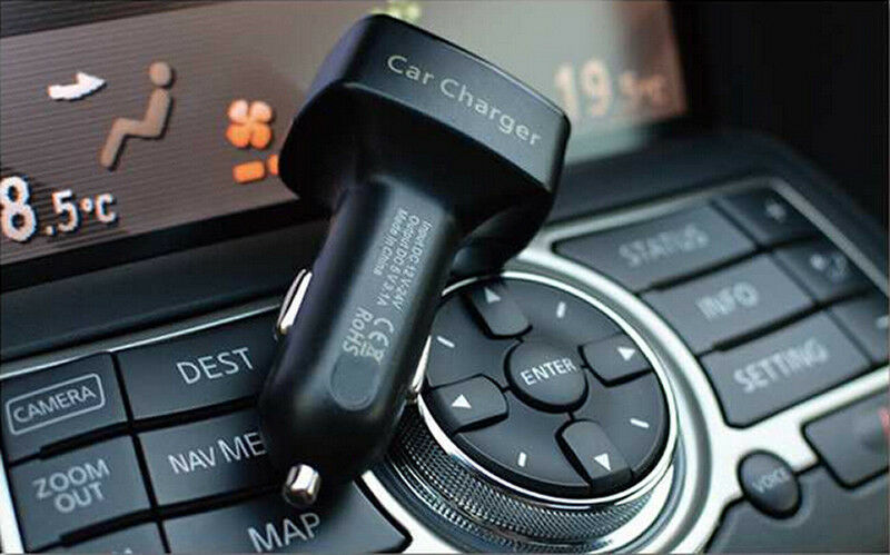 Black Car Charger/Thermometer/Ammeter/Voltmeter Dual USB Port 3.1A LED Monitor
