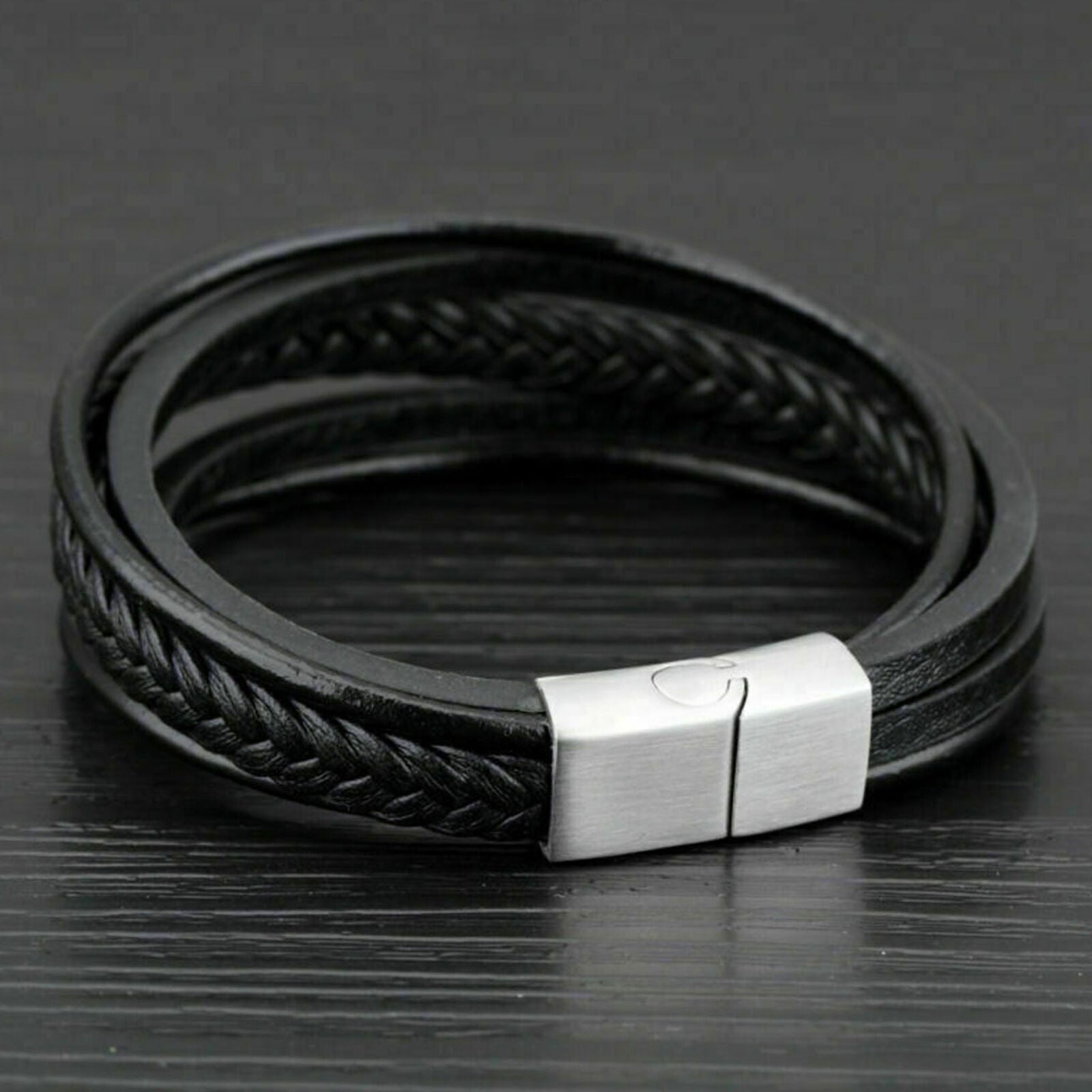 Men's Women's Wheat Leather Bracelet Polish Stainless Steel Buckle Bangle Cuff