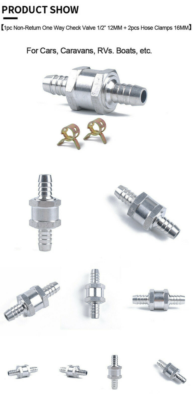 Check Valve 1/2" 12MM Non-Return One Way & Hose Clamps For Cars Caravans RVs