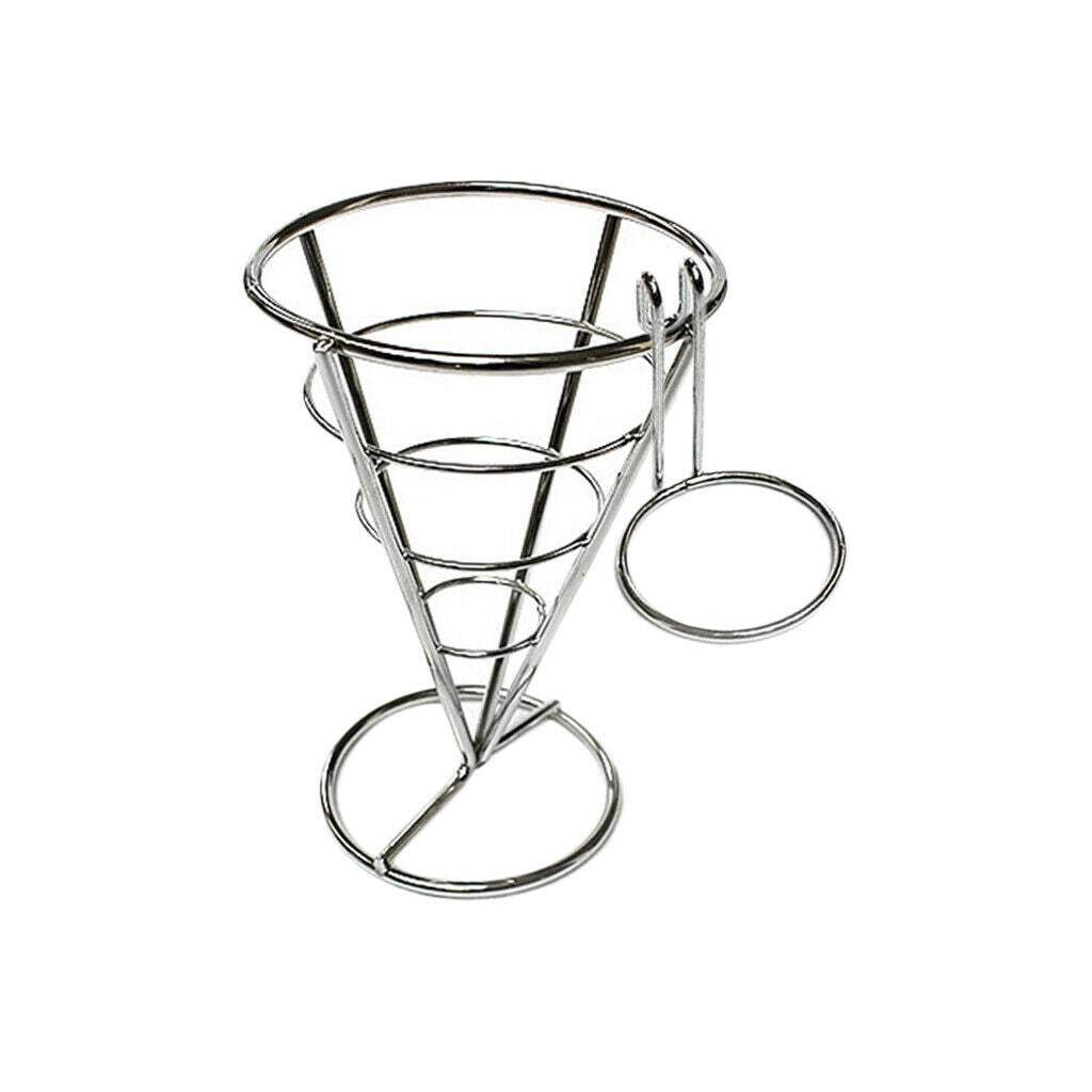 Stainless French Fry Stand Cone Basket Holder with Dip Bowl for Chips Snack