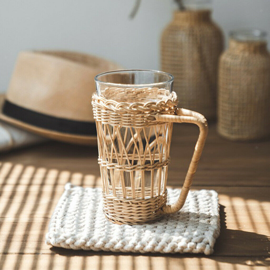 Woven Wicker Cup Holder with Protection for Tea, Water Glasses