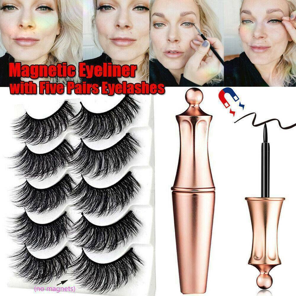 5 Pairs/Set Natural Magnetic False Eyelashes With Liquid Eyeliner Long Lasting !