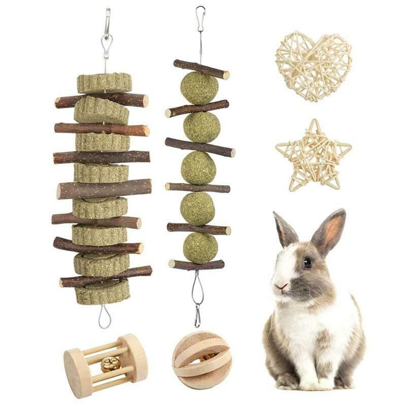 Wood Chew Toys Set Timothy Grass Hay Treat for Degu Bunny Cage Accessories
