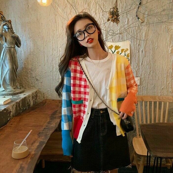 Womens Sweater Knitted Coat Jacket Cardigan Ladies Rainbow Casual Plaid Outwear