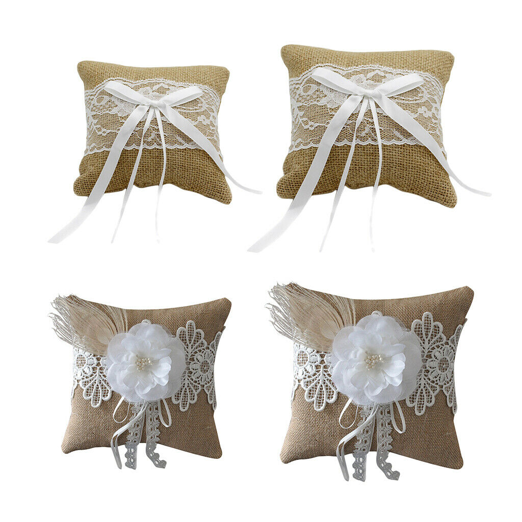 Wedding Ceremony Ring Pillow Cushion Linen Square Ring Bearer Bowknot 20cm