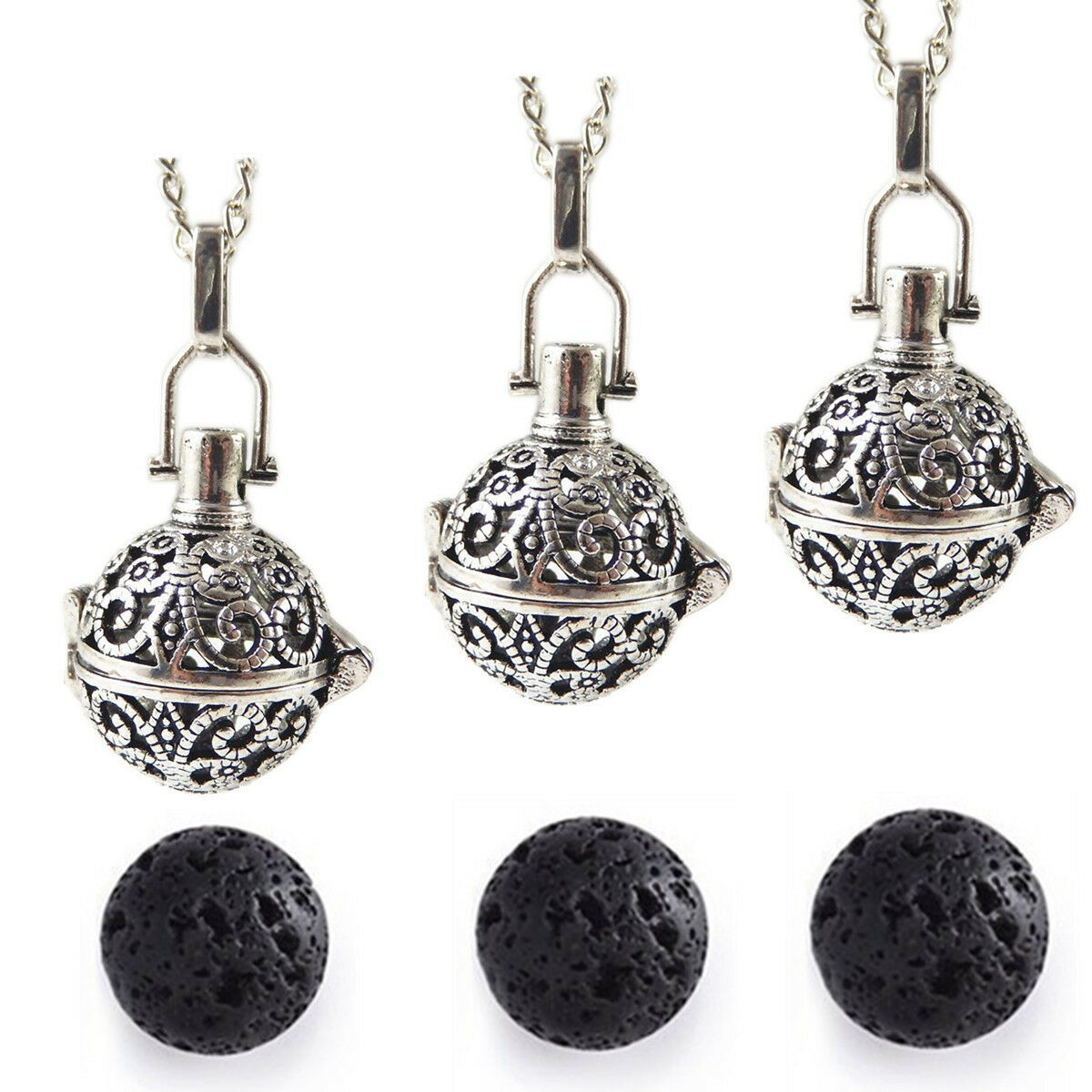 3Pcs/Pack Essential Oil Diffuser Openable Locket Pendant Necklace - Lava Stone