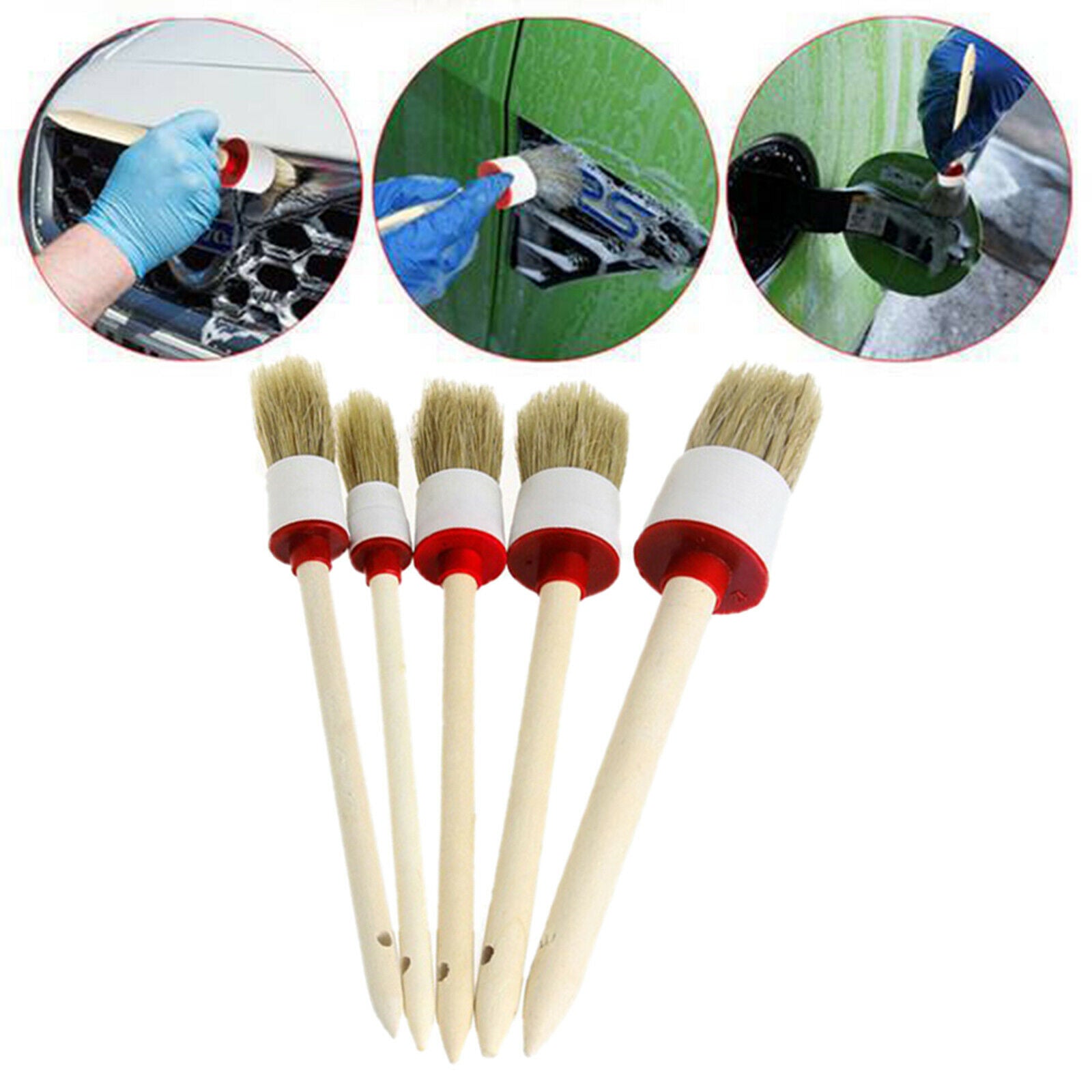 Pack of 5 Hangable Automobile Car Detailing Brush Kit Duster Wooden Handle