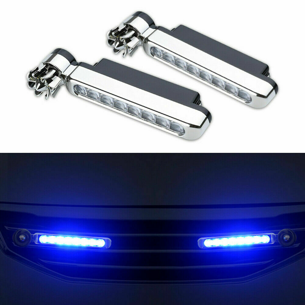 2Pcs Car Auto Wind Powered 8 LED Daytime Running Light Fog Motor Blue Lamp Bulbs