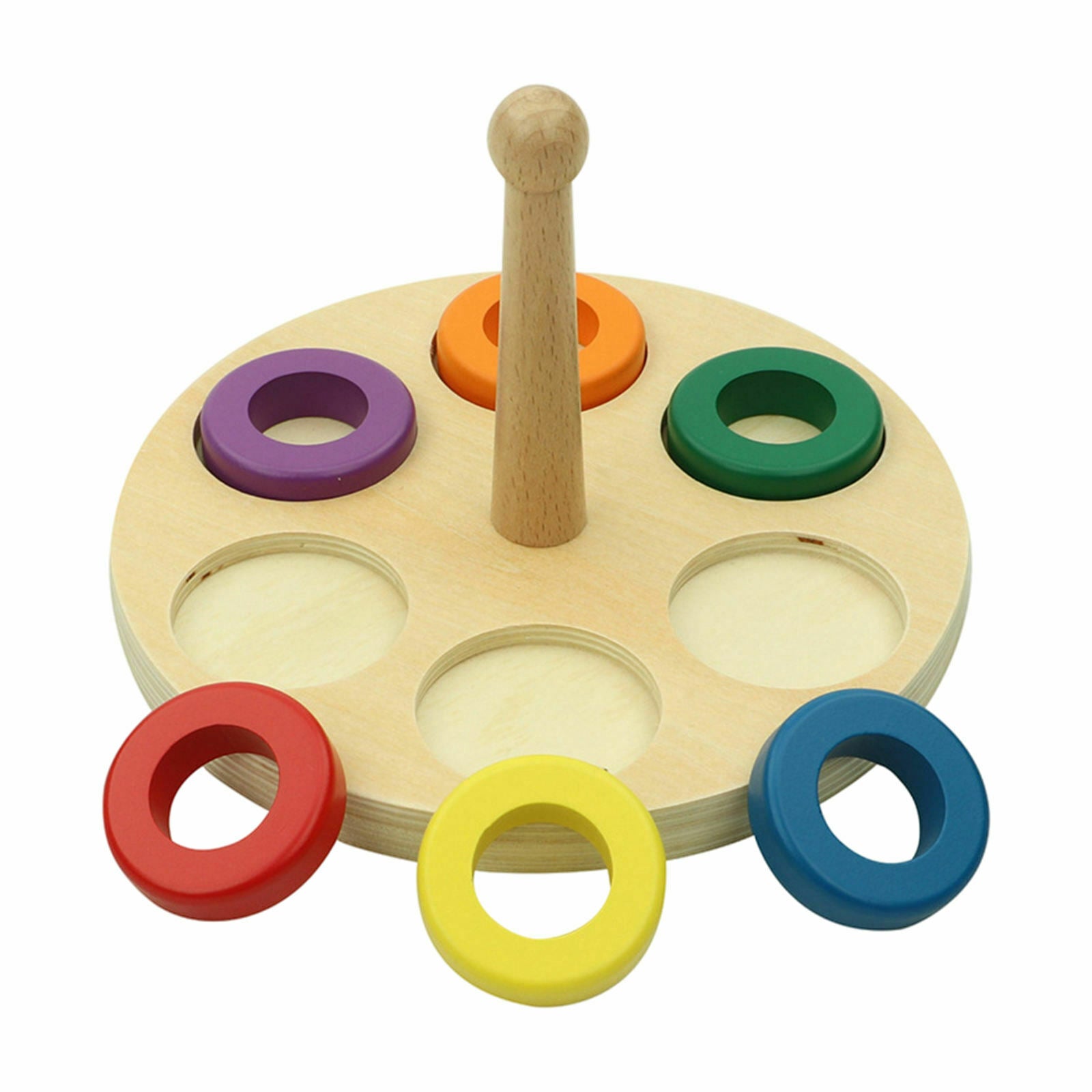 Montessori Wooden Stacking Rings Toys with 6Pcs Rainbow Colored Rings and Solid