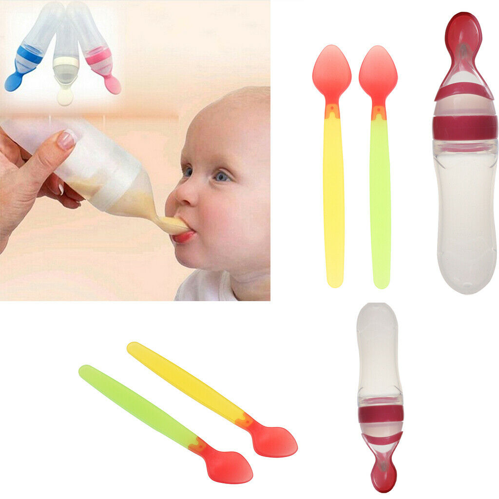 Kids Baby Silicone Feeding With Spoon Feeder Food Bottle+Heat Sensing Spoon