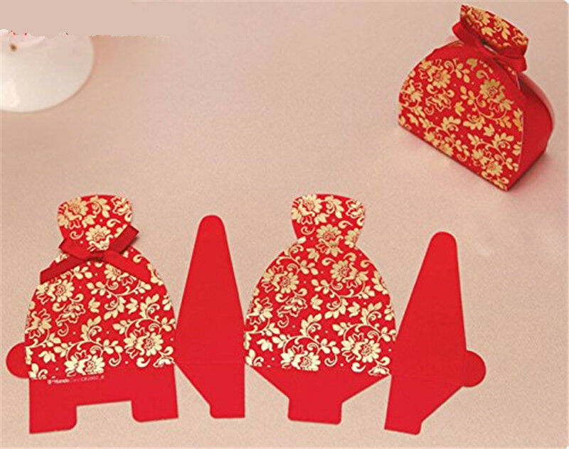 100pcs Wedding Favor Party Red Dress Tuxedo Bride and Candy Gift Box with Ribbon