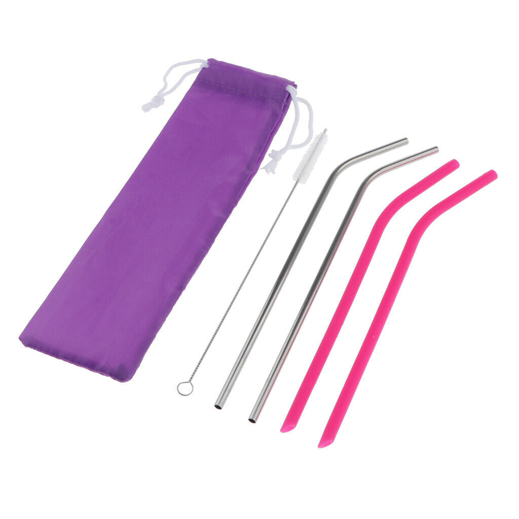 6 Pieces Silicone Drinking Straw Stainless Steel Cocktail Straws Reusable