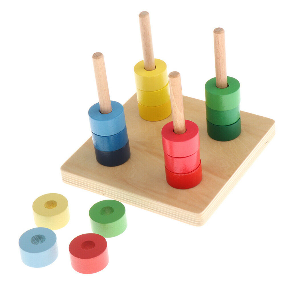Wooden Colorful Montessori Discs on 4 Dowel Toys for Kid Teaching Aids