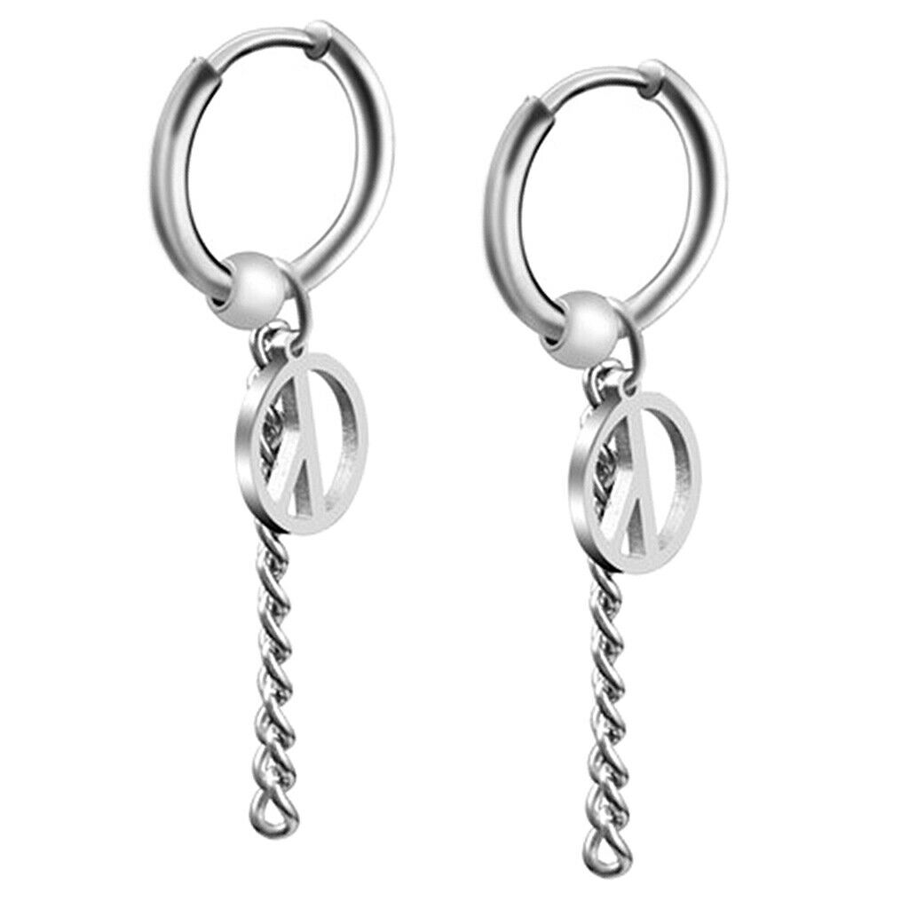 Stainless Steel Hip Hop Peace Long Dangle Earrings Hoop Studs Piecred