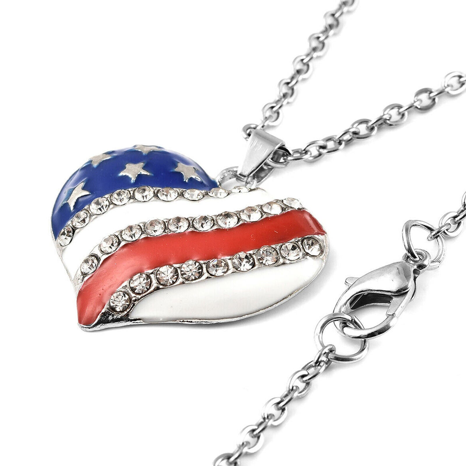 Crystal National Flag of America Theme Heart Pendant Necklace Gift Size 20"