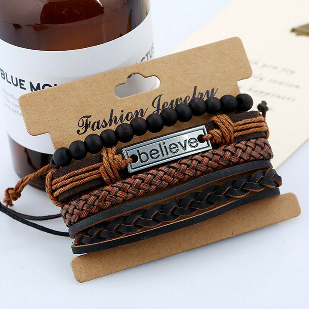 HOT 4Pcs Mens Leather Bracelet BELIEVE Carved Adjustable Multilayer Bangles
