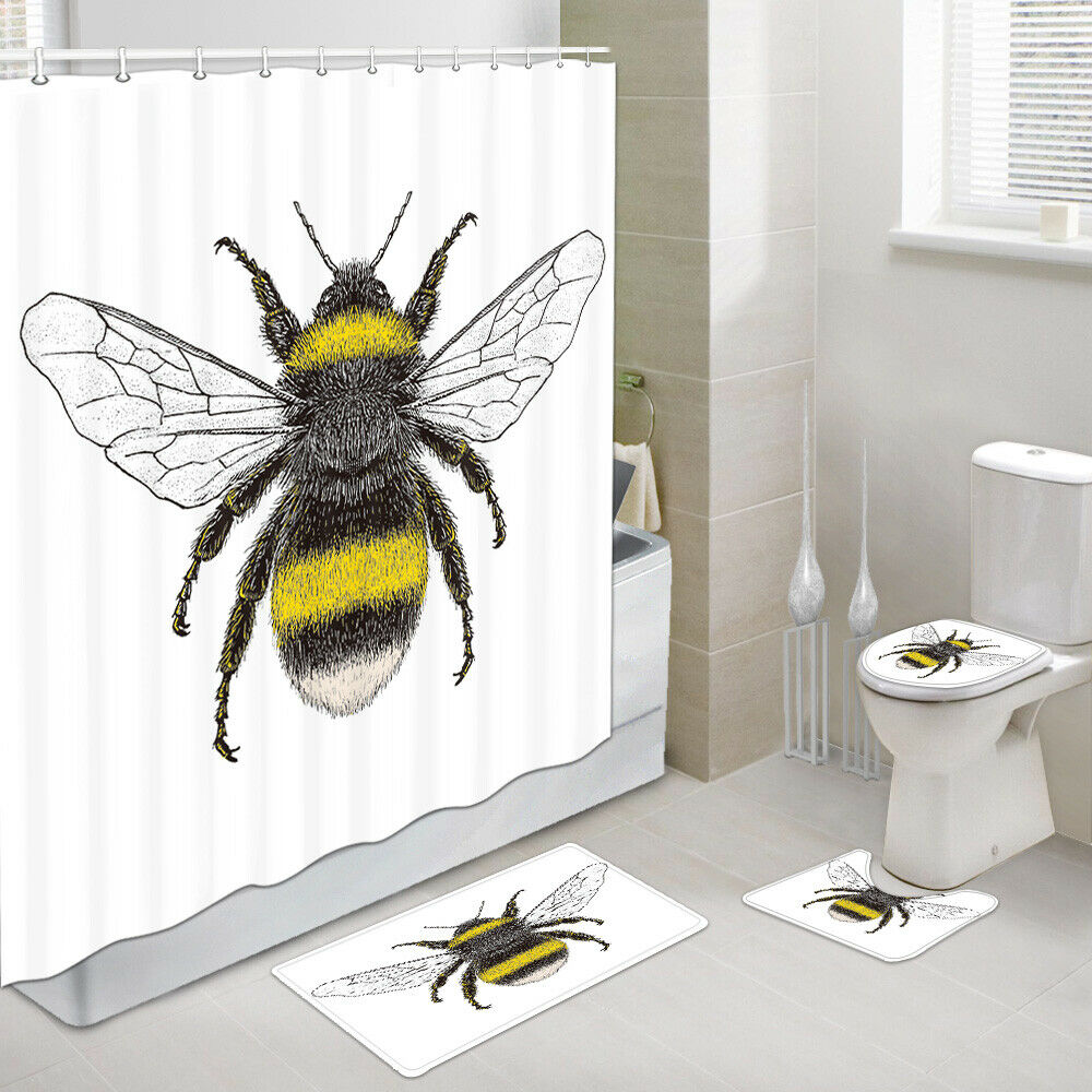 Wild Bees Shower Curtain Set Bathroom Rug Toilet Lid Seat Cover 4PCS-Set
