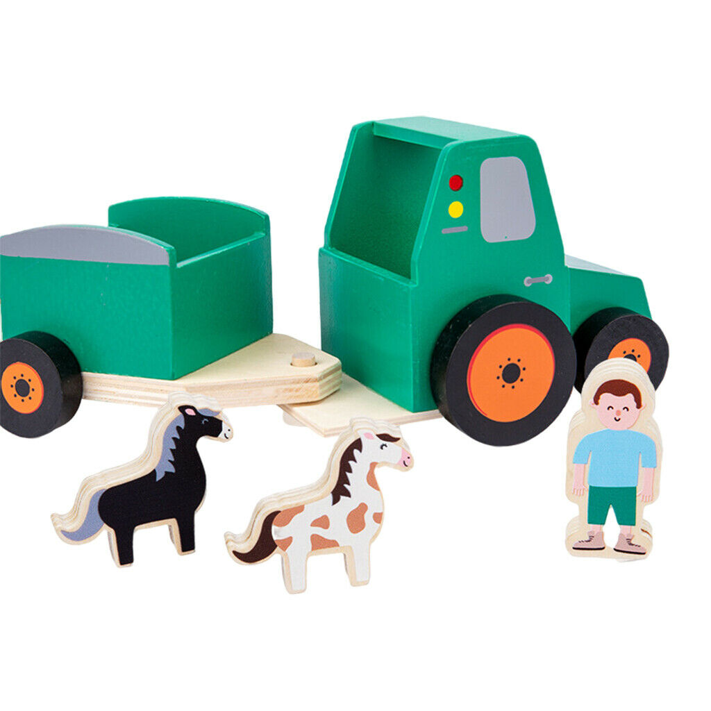 Green Handmade Crafts Wooden Car Tractor Trailer Truck Smooth Wheels Development