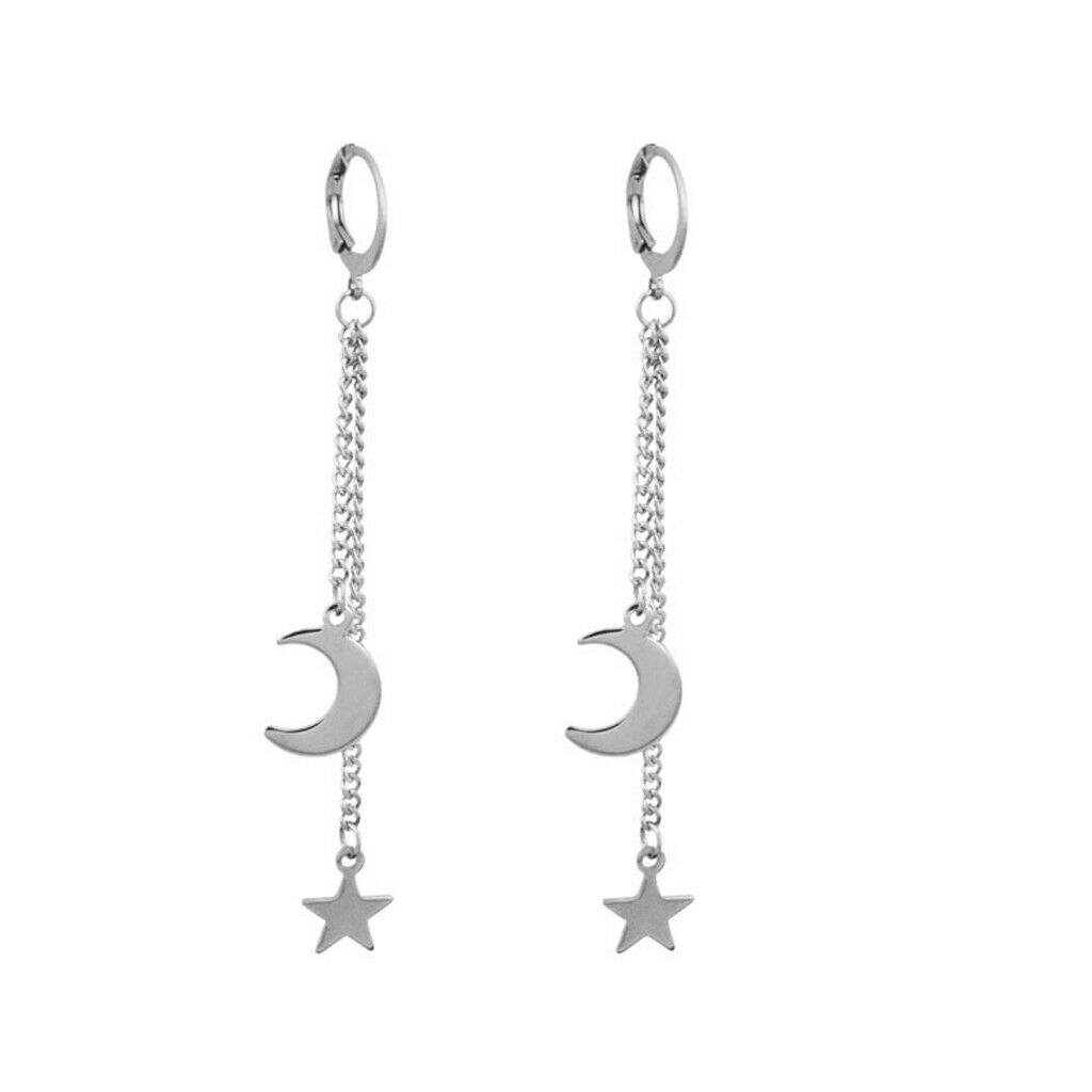 Titanium Steel Moon and Star Tassel Dangle Drop Pendant Earring Korean Jewelry