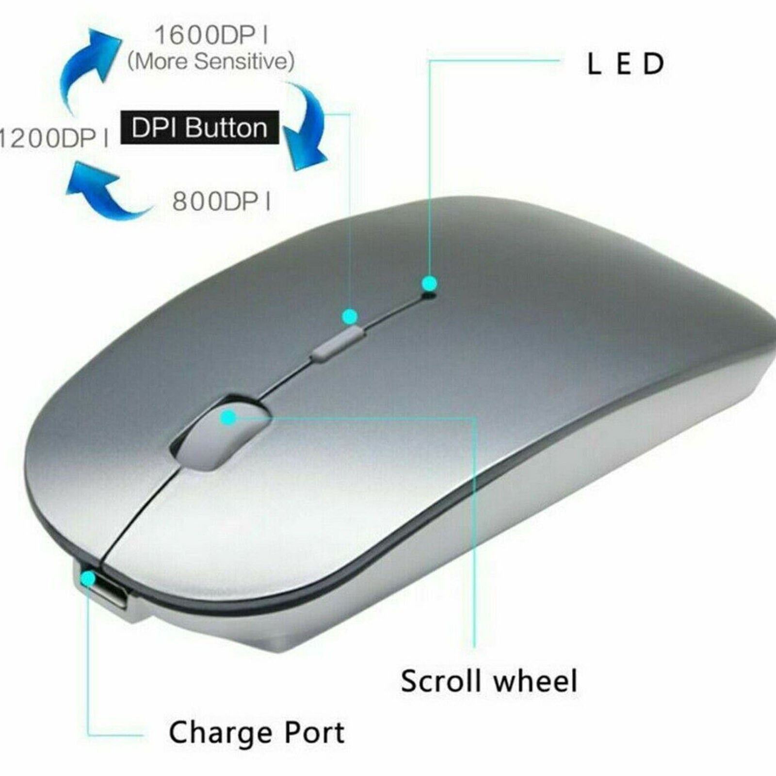 Wireless USB Rechargeable Mouse Ultra Thin Sliver For Laptop PC Tablet