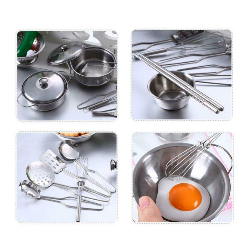 Stainless Steel Kids House Kitchen Toys Cooking Cookware Pots Pans Pretend Play