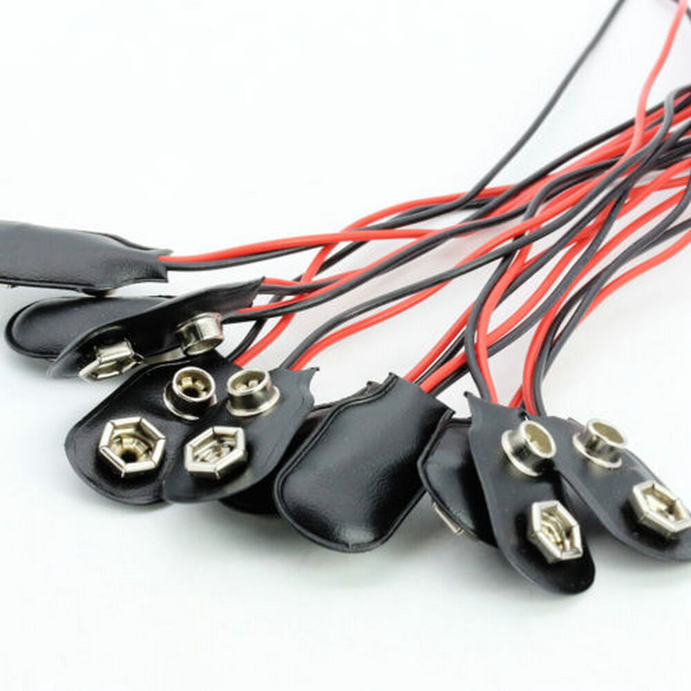 10 Pcs Snap 9V (9 Volt) Battery Clip Connector I Type Black w Cable Black