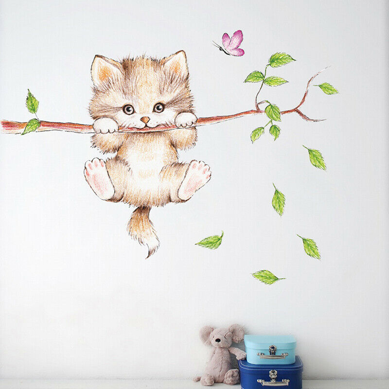 cute cat butterfly tree branch wall stickers for kids rooms home decorati.l8