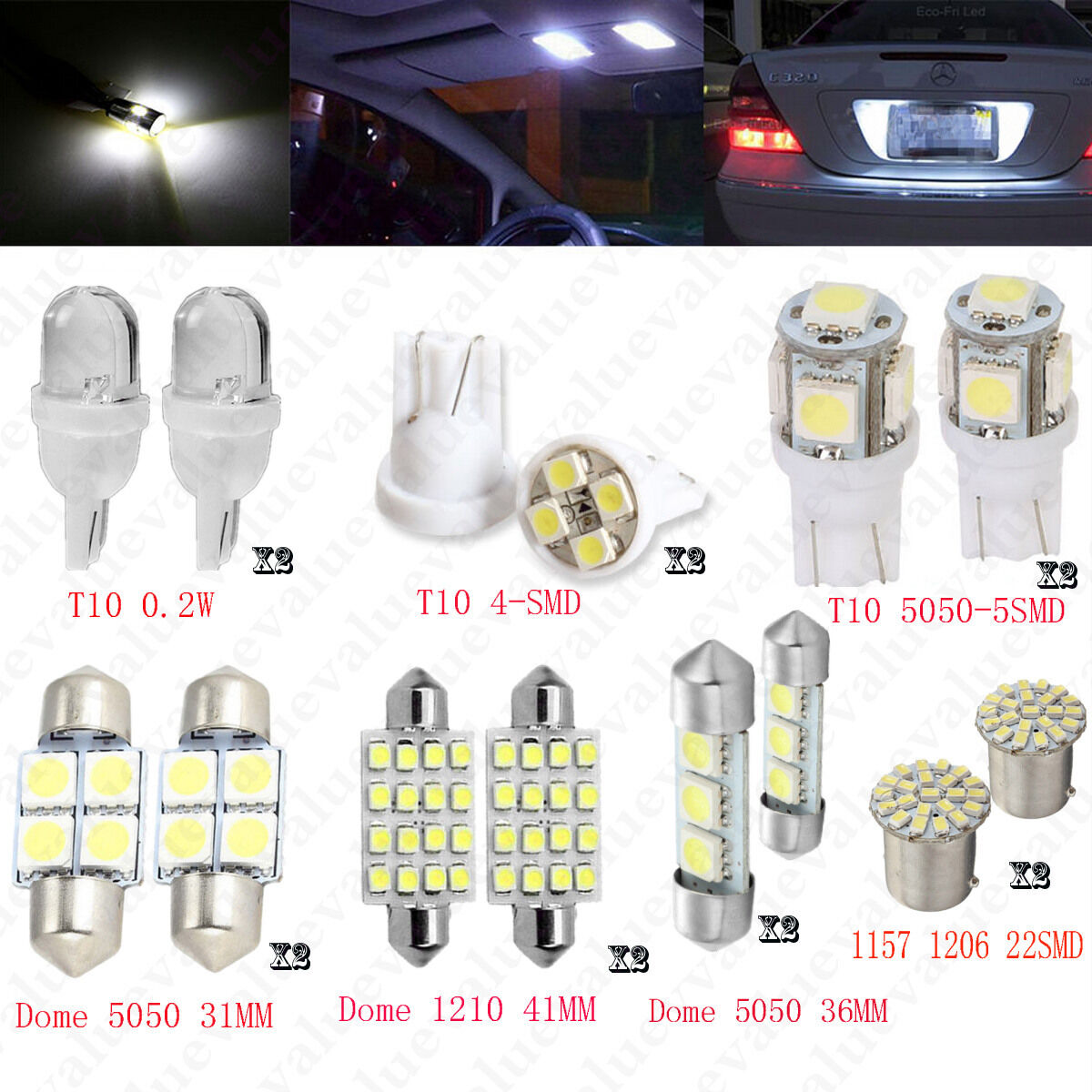 14PCS White LED Lights Interior Package 1157 T10 31 36mm Map Dome License Plate