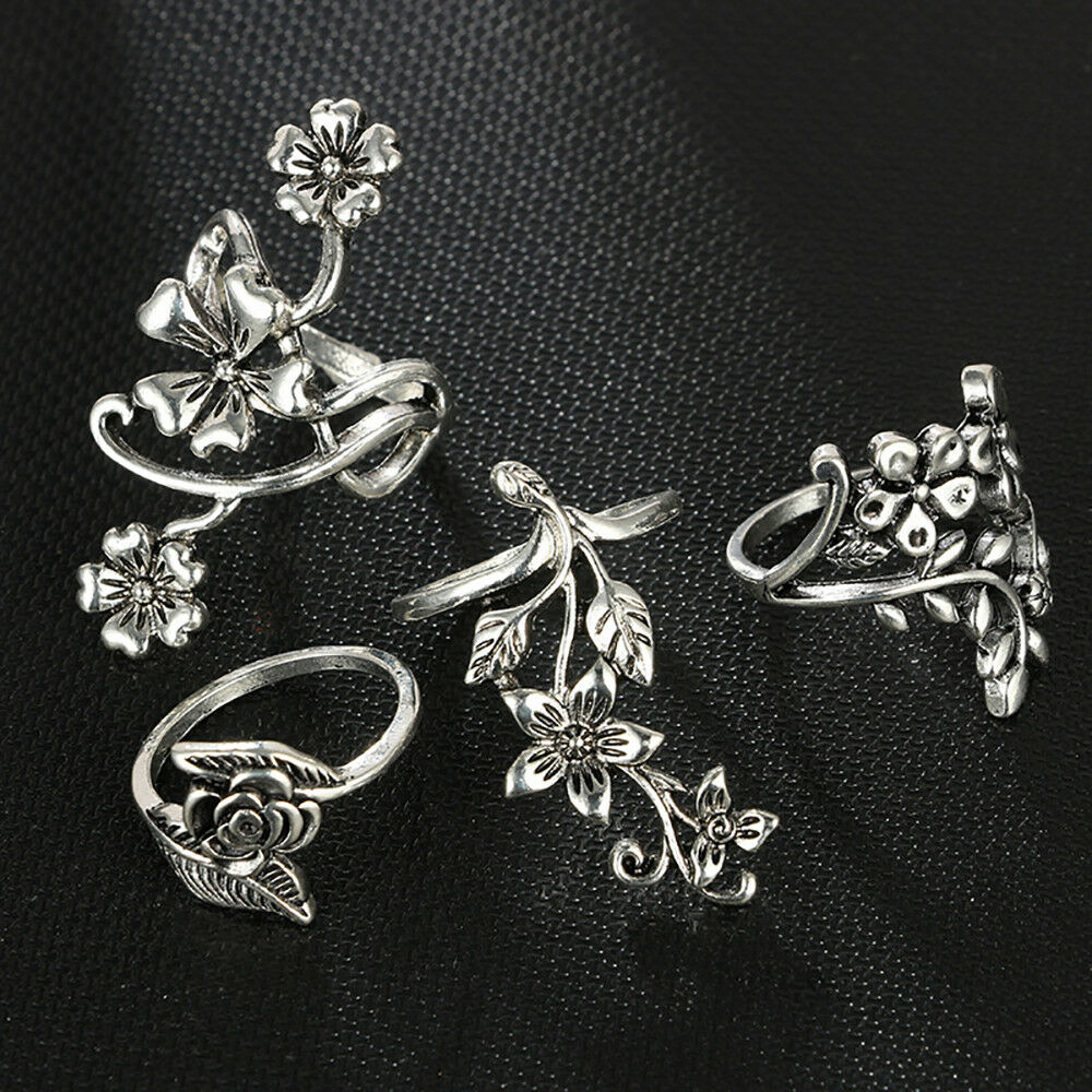 4Pcs/Set Retro Flower Leaves Midi Finger Knuckle Rings Kit Boho Fashion Jewelry