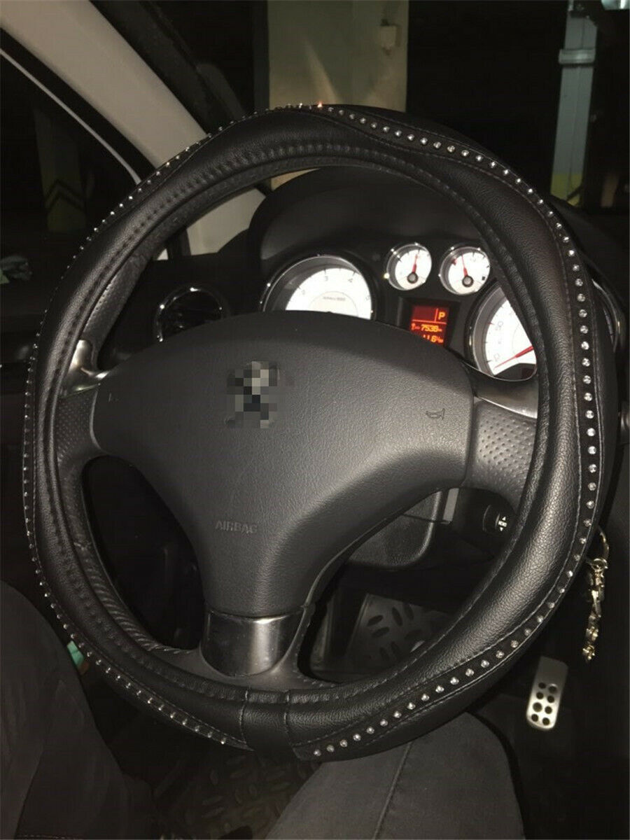 Crystal Drill & PU Leather  Auto Steering Wheel Covers Anti-Slip Black 38cm/15"