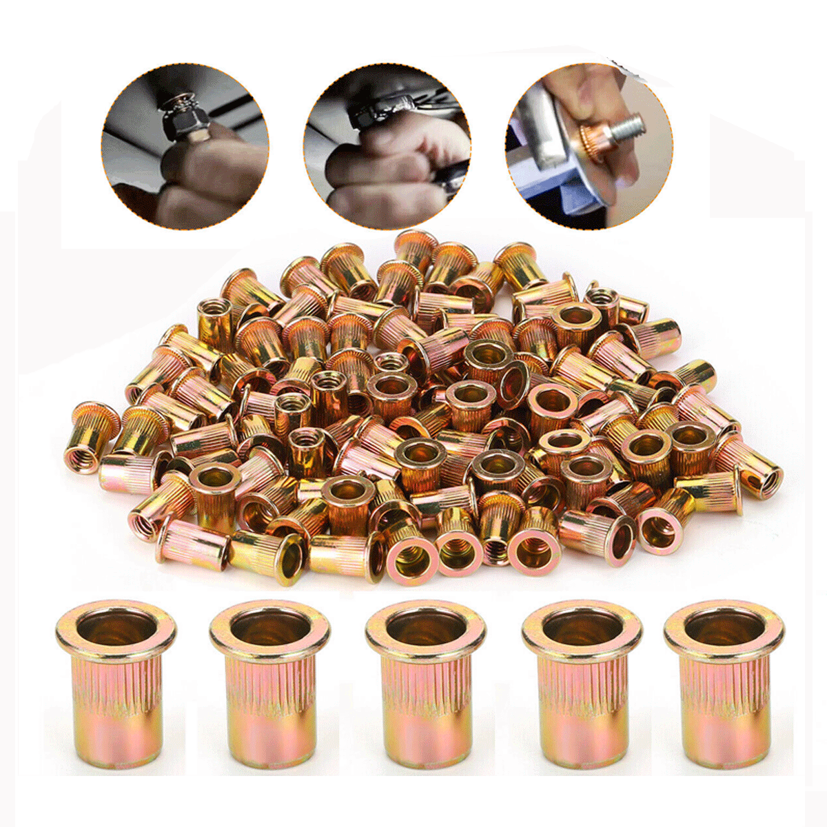 5pcsRivet Nuts Type Threaded Insert Nut 1/4-20UNC Flat Head Knurled Body